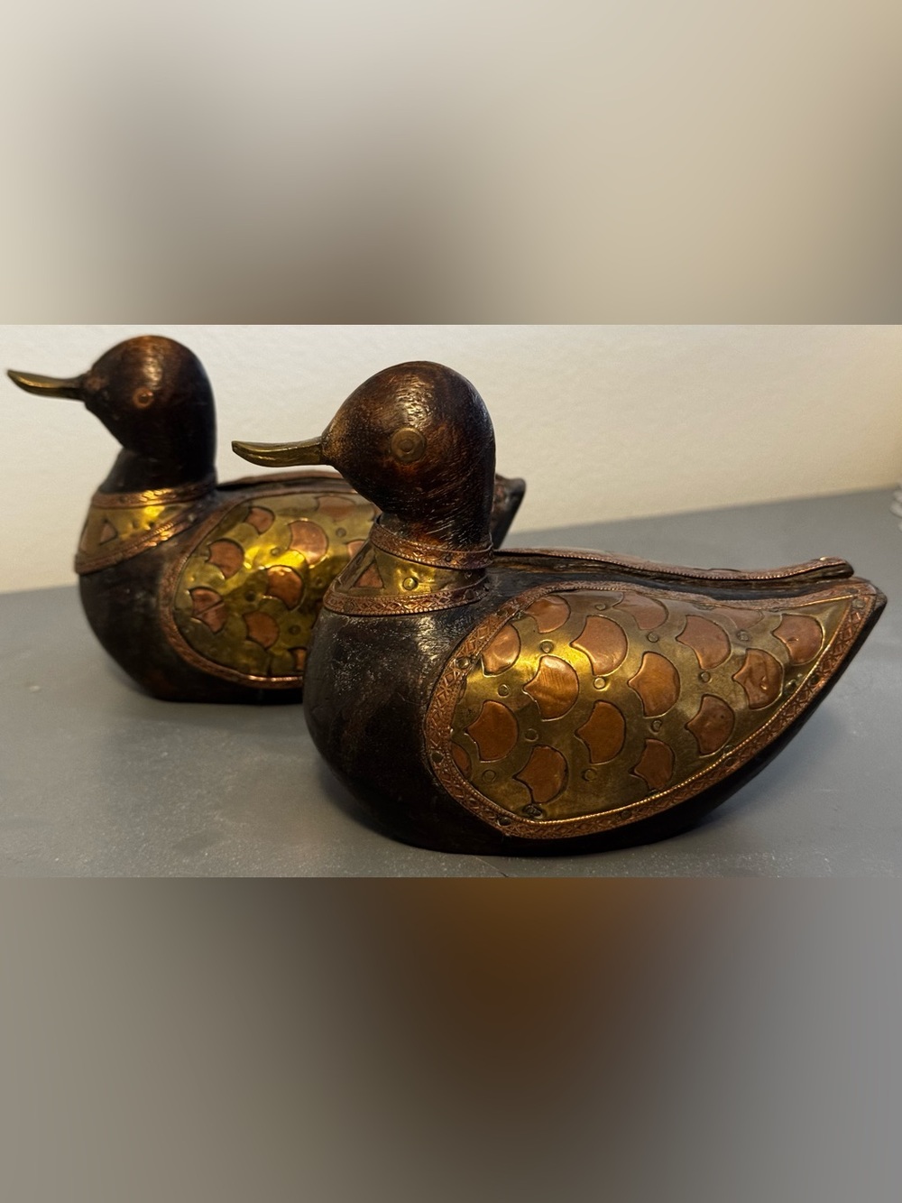 Vintage Hand-Carved Indian Wooden Duck Figurines with Brass & Copper Inlay Pair